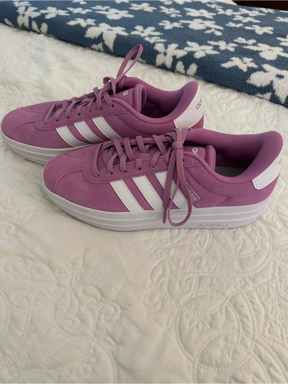 adidas Women's Pink Suede Platform Sneakers with White Stripes